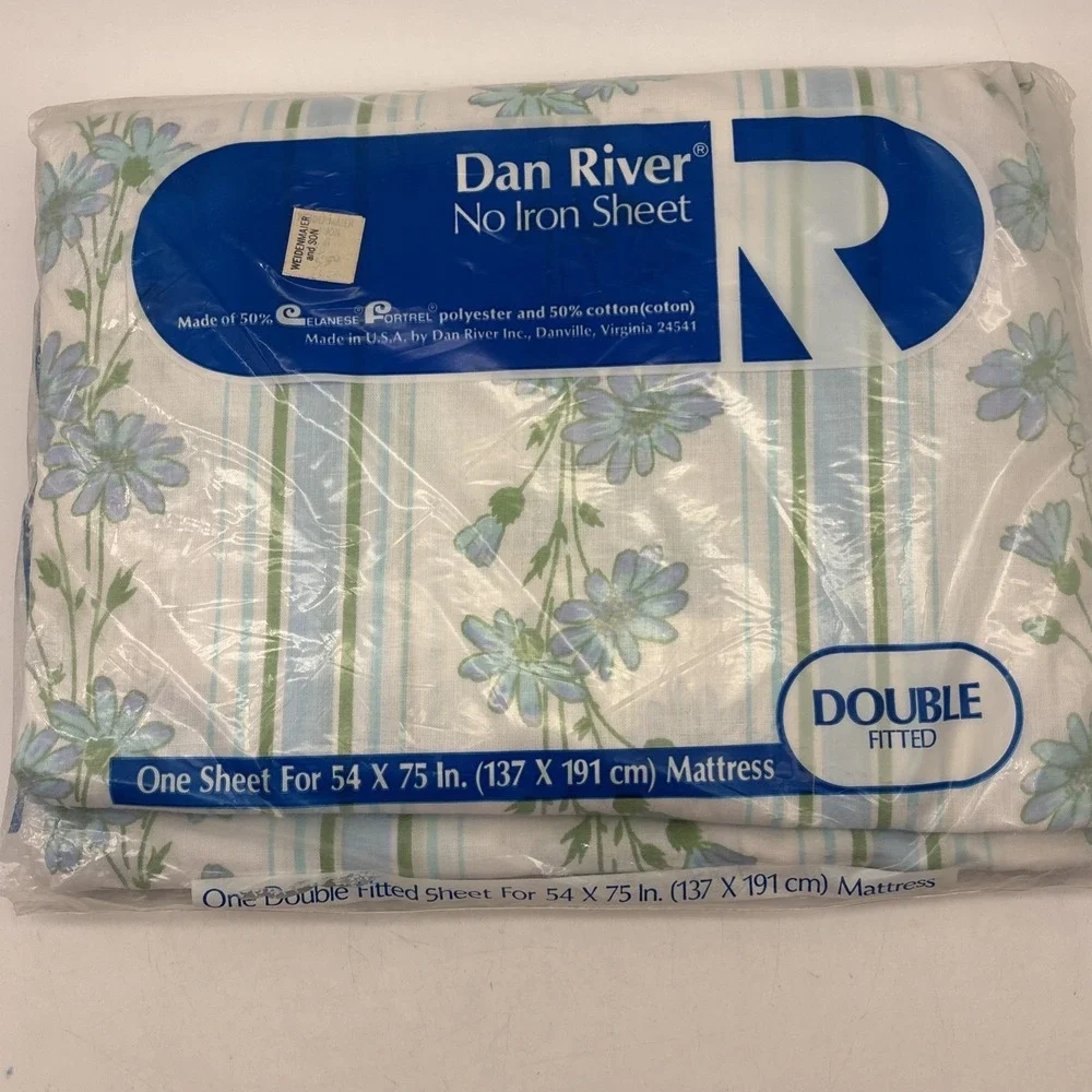 Vtg Dan River Dantrel No Iron Double Sheet Set White Blue Floral NOS